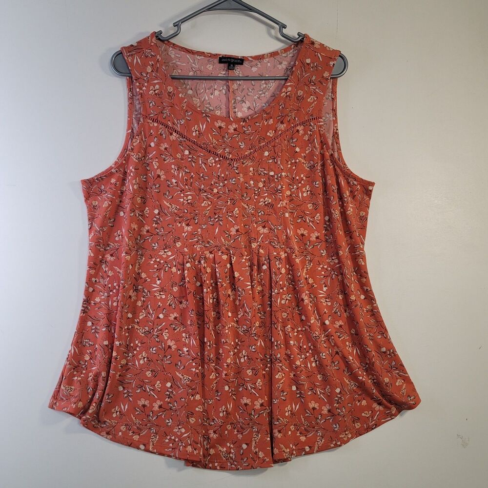Ava & Grace XL Floral Baby Doll Top Sleeveless Coral U Hem Boho Cottagecore
